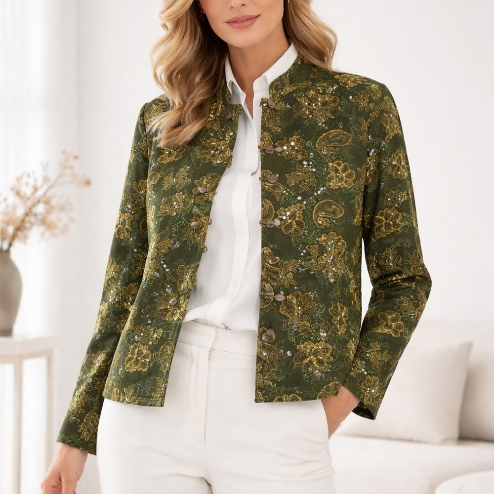 Marsh Landing Green Paisley Floral Bead Sequin Button Up Blazer Cotton Blend